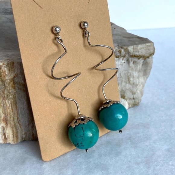 Sterling Silver 925 2.5" Long Spiral Large Faux Turquoise Ball Dangle Earrings - Picture 11 of 16